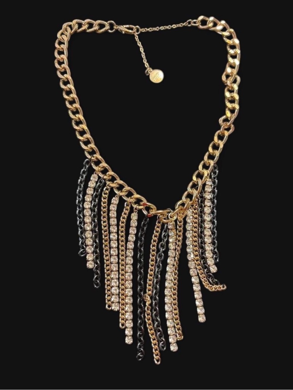 Steve Madden Gold-Tone Fringe Necklace with Black Chain and Rhinestones